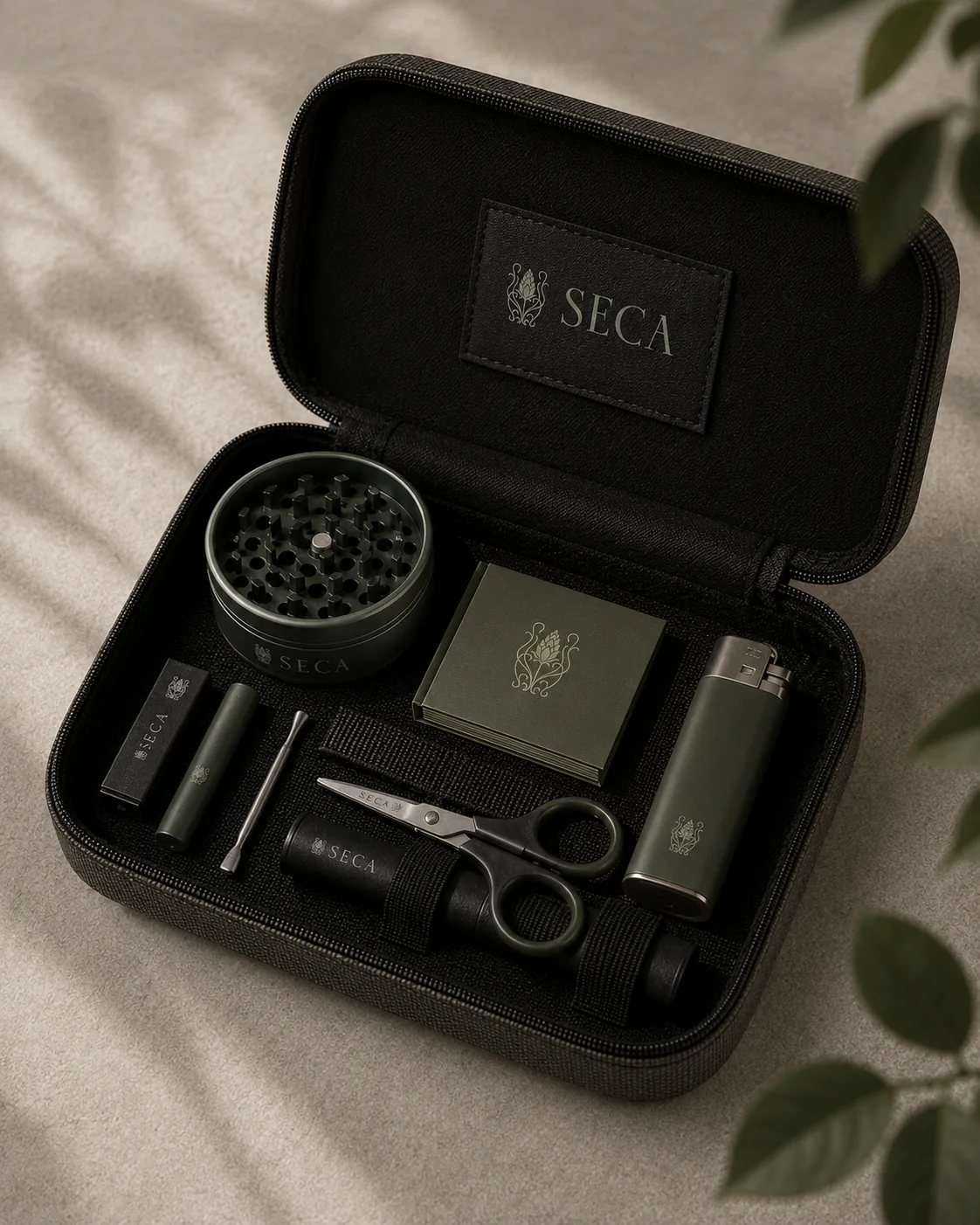 Kit cannábico SECA — estuche, moledor, tijeras y accesorios