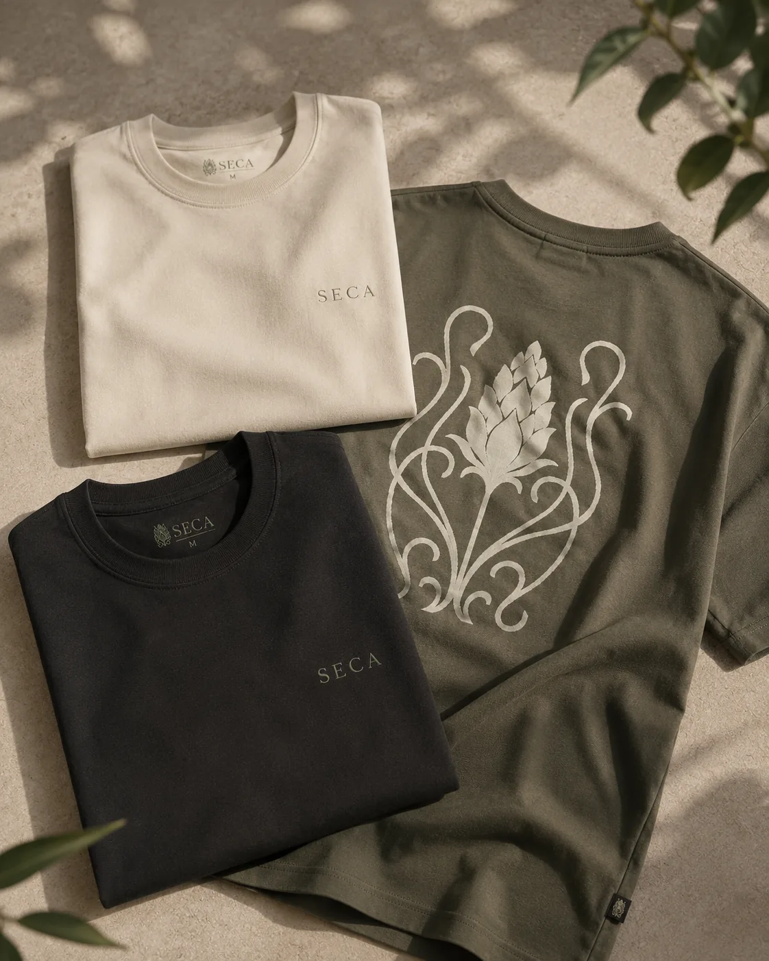 Indumentaria SECA — remeras en crema, negro y verde oliva